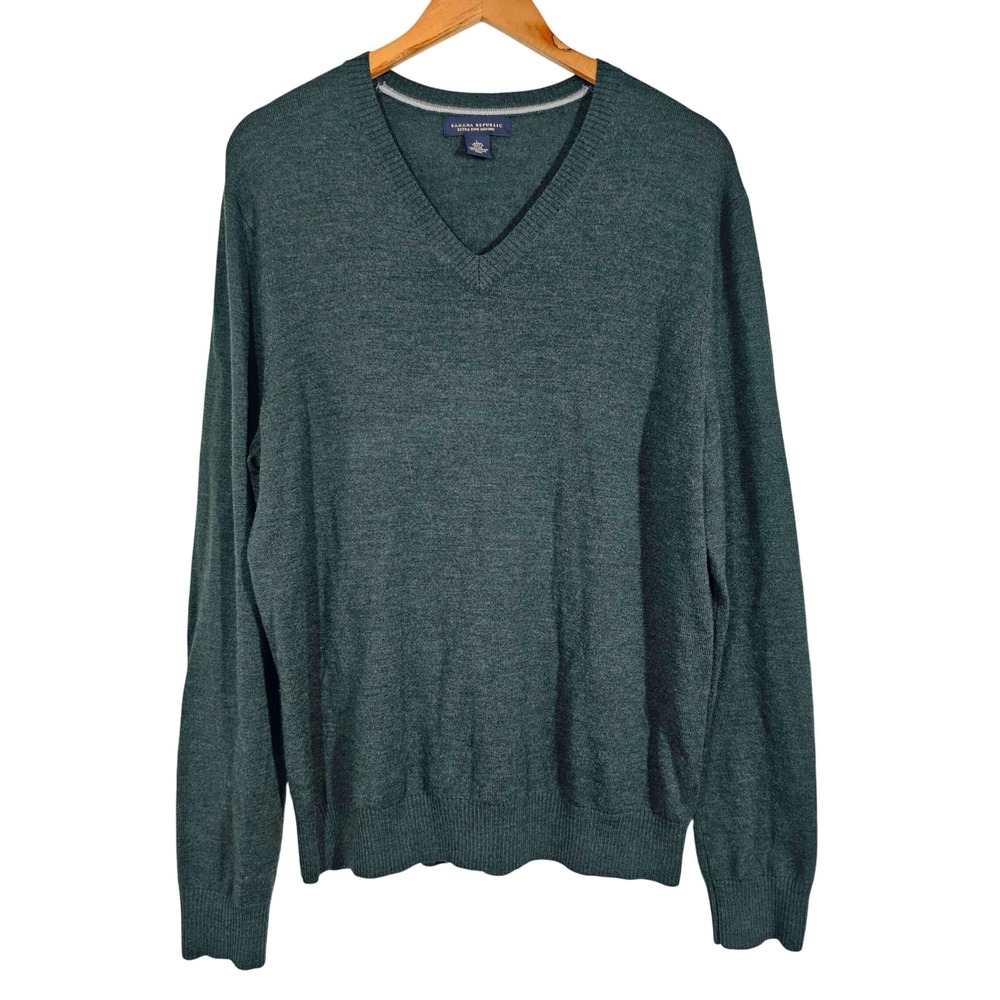 Banana Republic Extra Fine Merino Wool V-Neck Sweater Mens L Pullover Knit Green